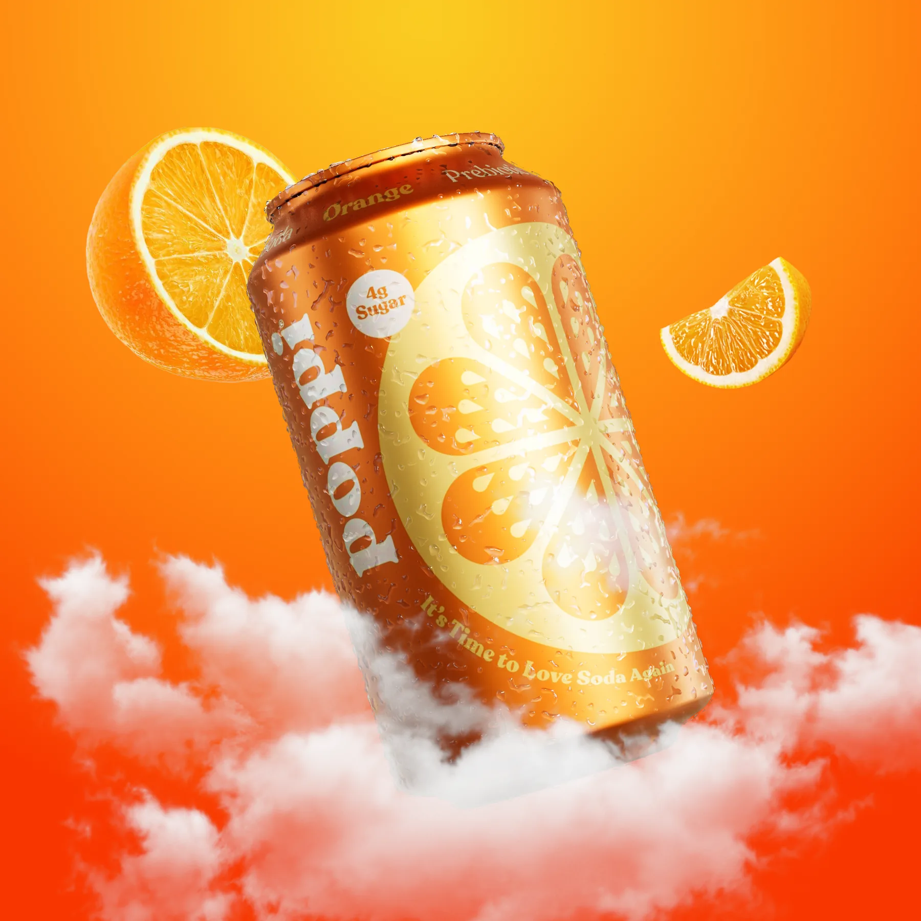 Orange soda can floating through clouds with orange slices suspended around it