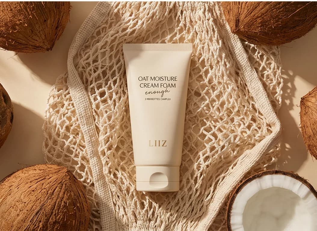 LIIZ Oat Moisture Cream Foam tube on a woven net bag surrounded by split coconuts