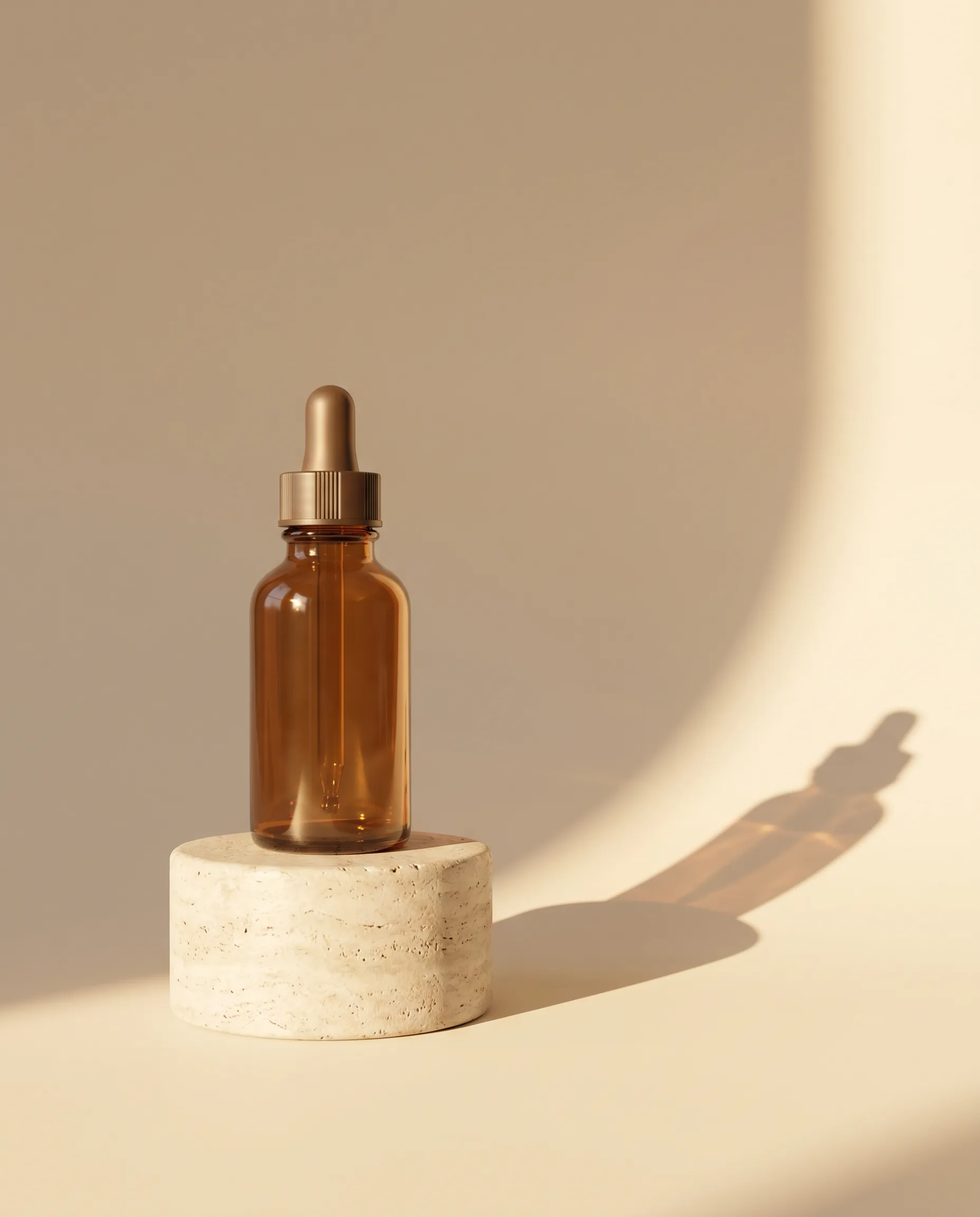 Amber glass serum bottle on a travertine pedestal, campaign render