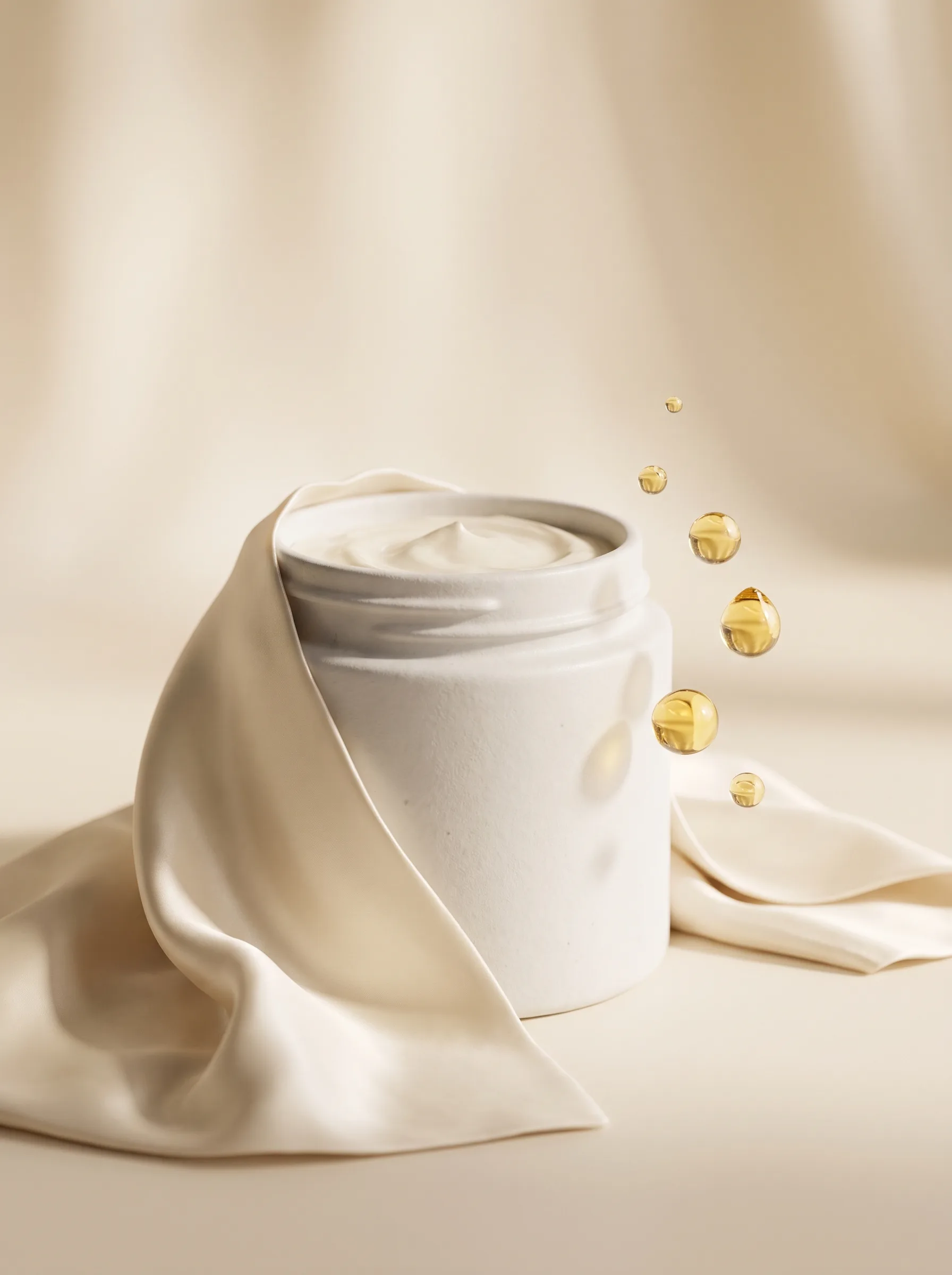 Ceramic cream jar wrapped in flowing silk with suspended oil droplets
