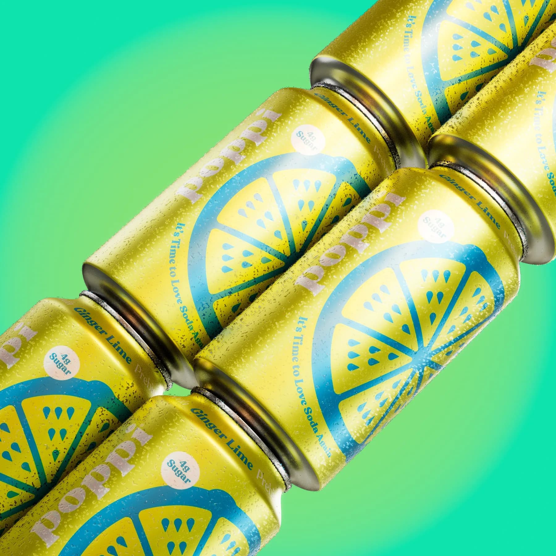 Stacked lime soda cans arranged diagonally over a bright green gradient