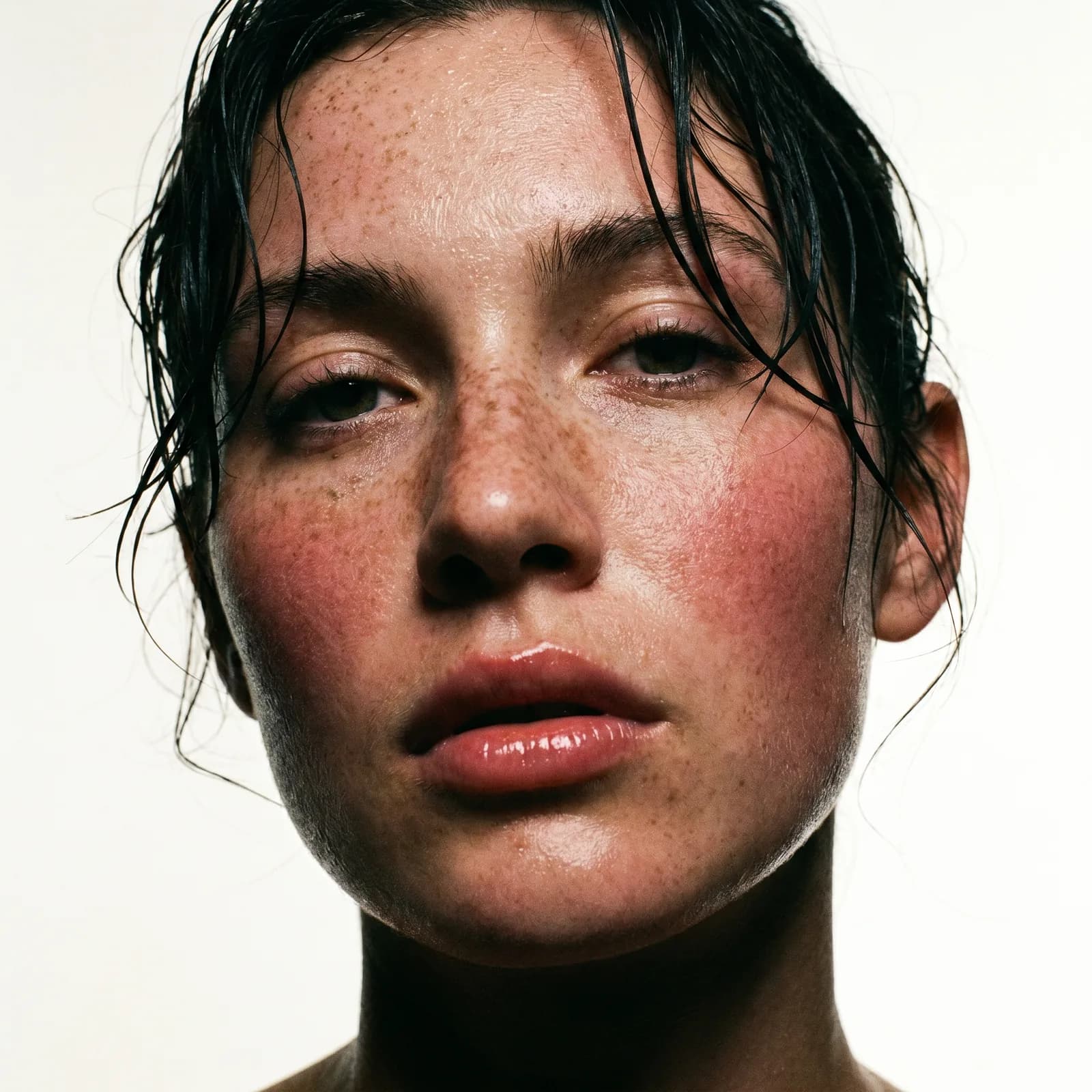 Studio portrait of a freckled model with wet hair and flushed skin