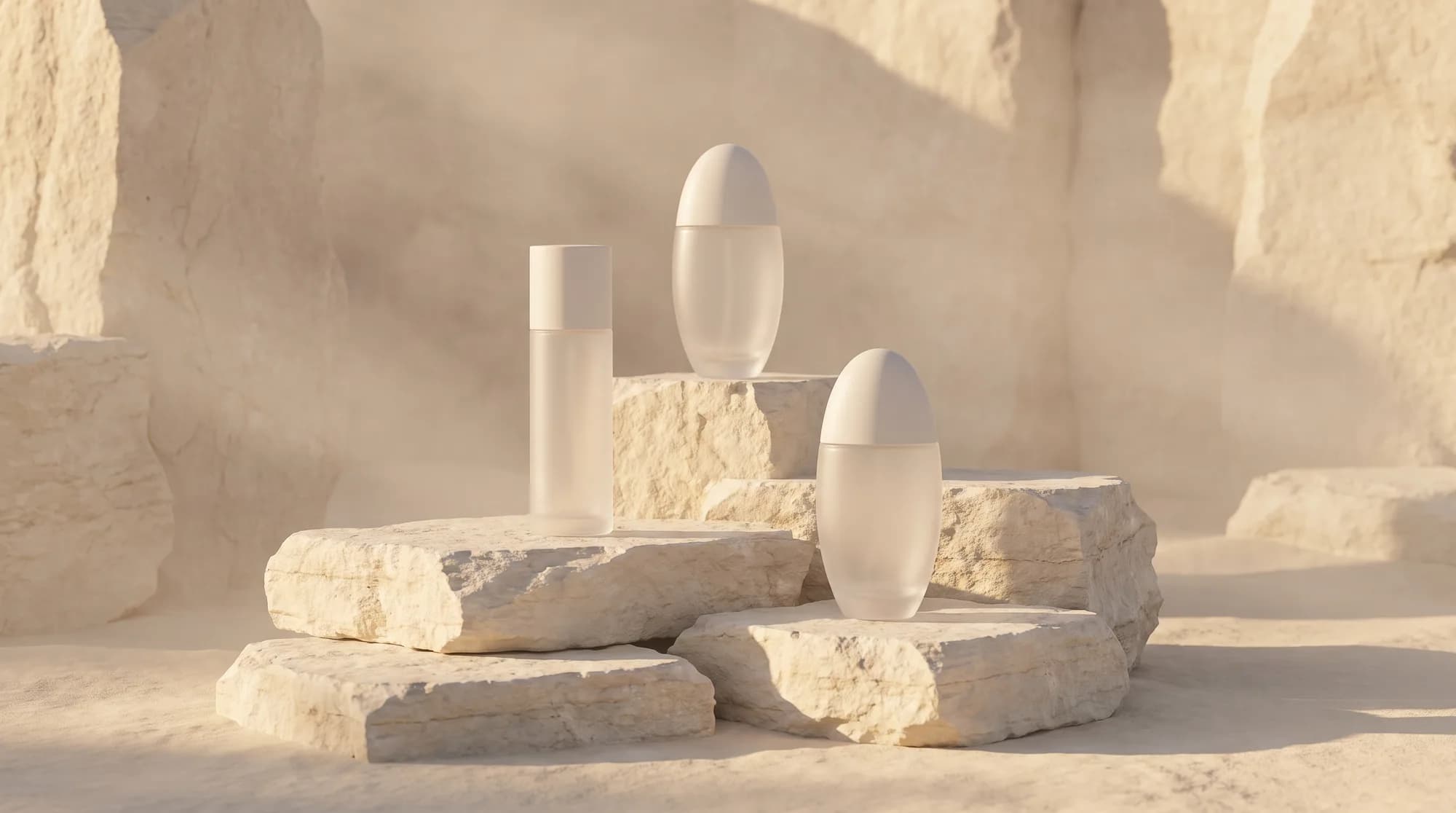 Skincare bottles arranged on limestone blocks in morning light, wide campaign shot