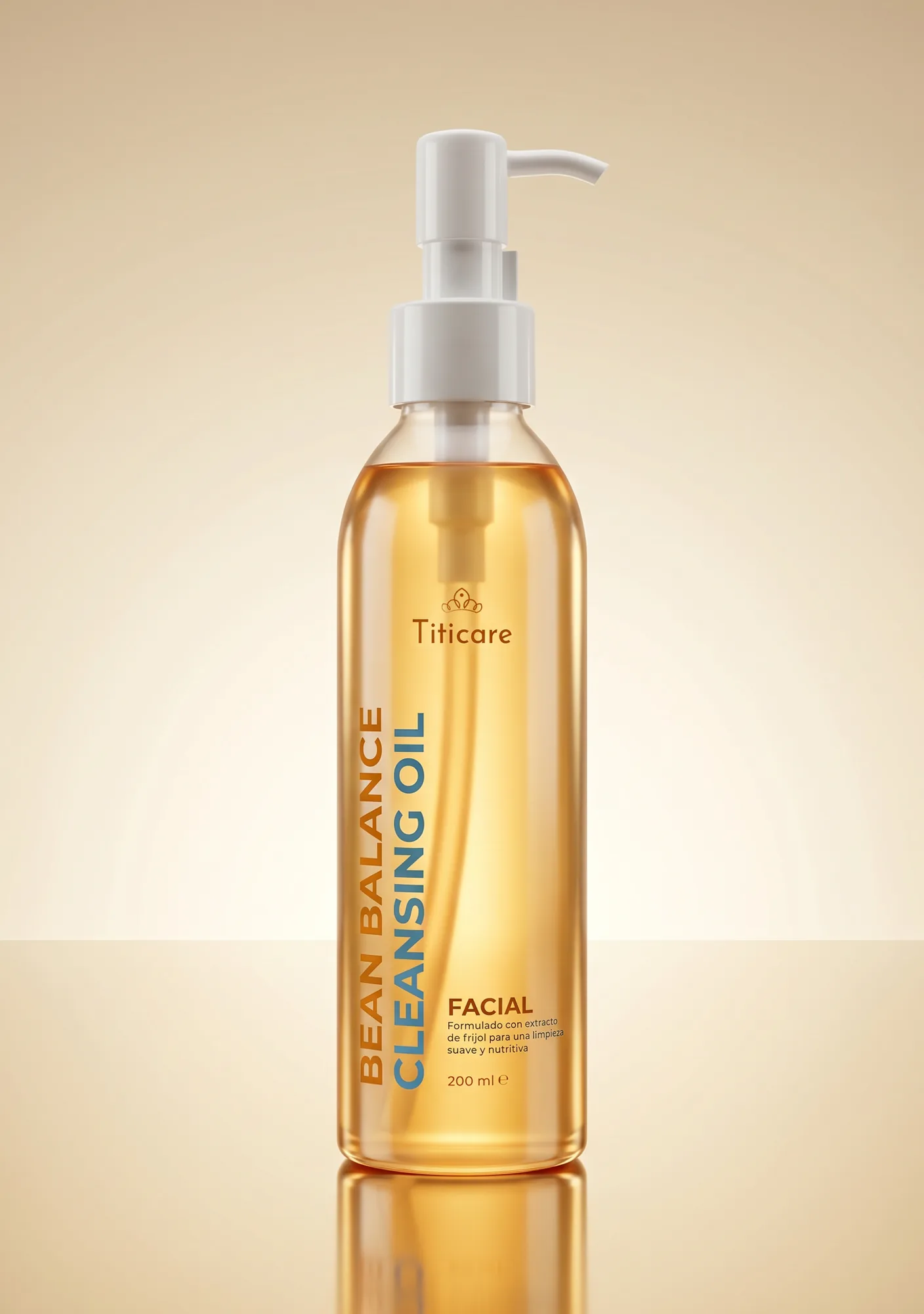 Titicare Bean Balance Cleansing Oil bottle backlit against a warm golden gradient, 3D render