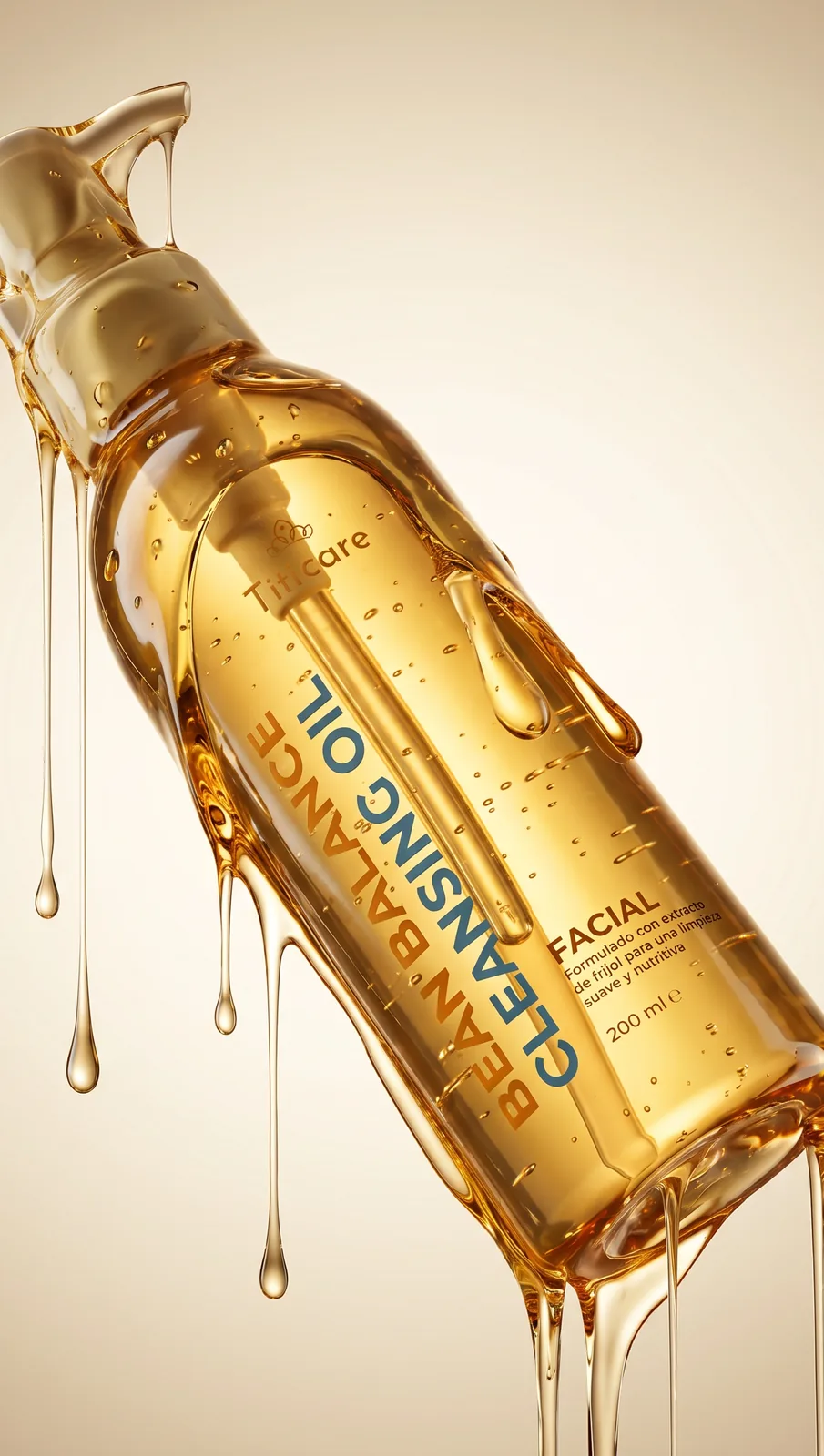 Liquid study of the Titicare cleansing oil bottle tilted with oil dripping from every edge